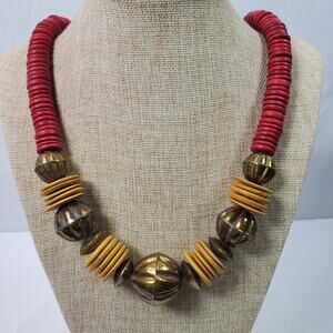 Vintage Tribal Necklace 23 Inch Red Tan Gold Tone Bead